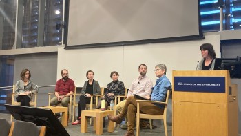 Katie Michels, CFN's Director of Programs, introduces members of the panel on federal funding a Yale's School of the Environment.