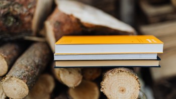 Notebooks stacked on top of a pile of cut logs