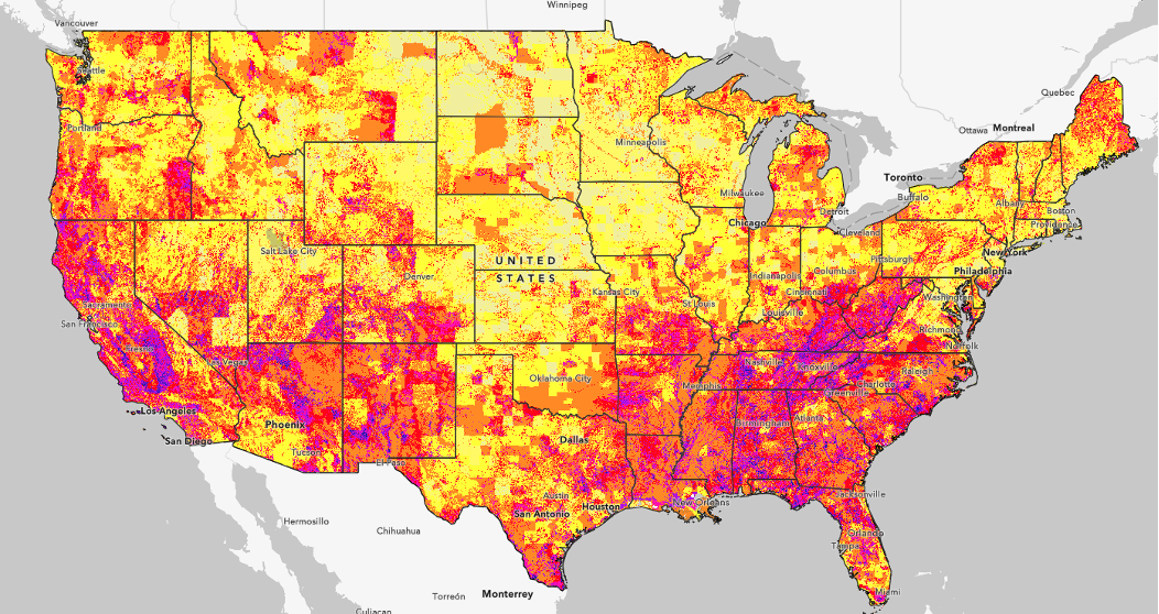 Mapp of the U.S .that equally weights Biodiversity, Climate, and Equity